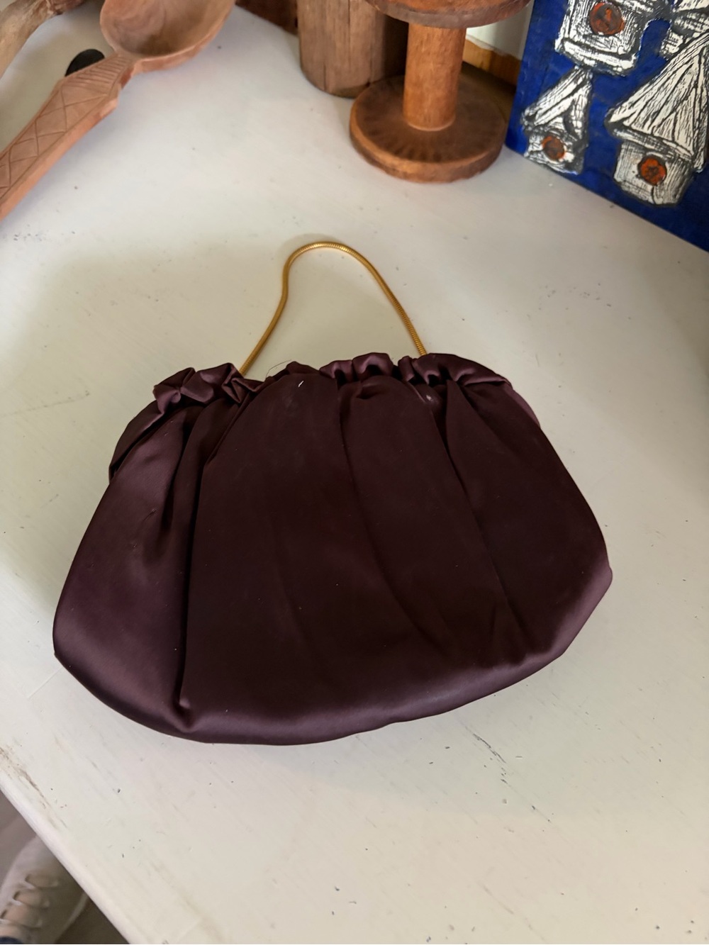 Vintage Satin Brown Evening Clutch with Gold Handle